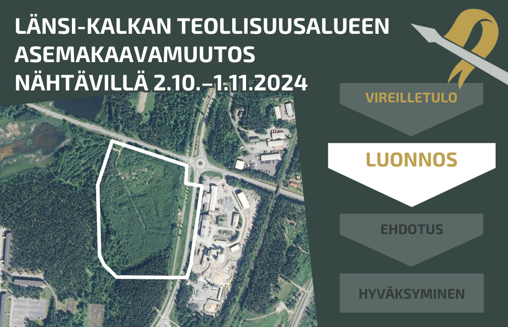 Ilmakuva, jossa Länsi-Kalkan teollisuusalueen asemakaavamuutoksen aluerajaus.