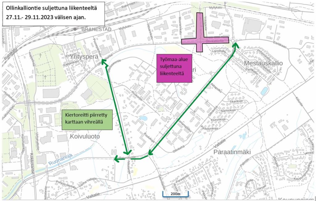 Kartta Ollinkalliontien suljetusta työmaa-alueesta sekä kiertotiestä
