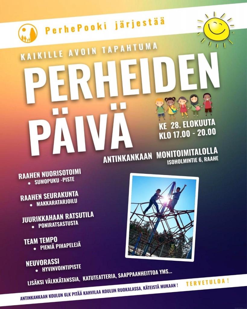 Tiedot perheiden päivän aikatauluista, kuvituksena kiipeileviä lapsia.